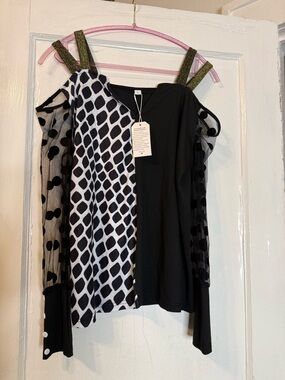 Black White Asymmetrical Mesh Polka Dot Blouse Gold Strap Statement Top Size L